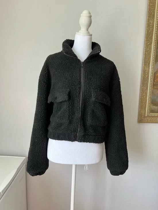 Dazy Black Zip-Up Cropped Faux Shearling Teddy Jacket Size S - Picture 4 of 12